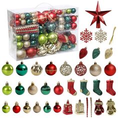 assorted christmas ornaments and decorations in a clear box