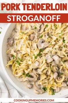 a white bowl filled with chicken stroganoni pasta and parsley on the side