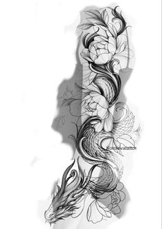 an artistic tattoo design with flowers and leaves