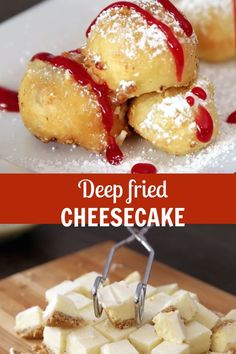 deep fried cheesecakes on a cutting board with ketchup drizzled over them