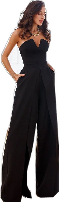 Chic High-waist Evening Culottes, Chic High-waist Culottes For Evening, Chic Strapless Jumpsuit For Going Out, Chic High Waist Culottes For Evening, Formal Strapless V-neck Jumpsuit For Summer, Chic Formal Strapless Jumpsuit With High Waist, V-neck Strapless Jumpsuit For Evening In Spring, Summer Formal Strapless V-neck Jumpsuit, Chic Strapless Jumpsuit For Formal Occasions