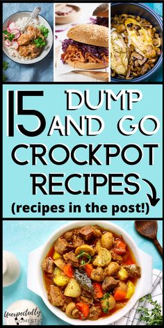 the cover of 15 dump and go crockpot recipes in the postcard style