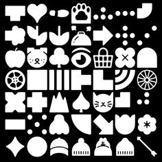 a black and white poster with various symbols