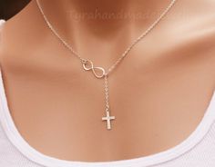 Infinity cross necklace,Sterling silver,sideways Infinity Lariat,confirmation gift,Godmother gift,Bl Elegant Cross Lariat Necklace Gift, Anniversary Jewelry: Cross Pendant Clavicle Chain, Elegant Cross-shaped Lariat Necklace With Adjustable Chain, Elegant Nickel-free Silver Cross Necklace, Elegant Sterling Silver Nickel-free Cross Necklace, Infinity Cross, Jesus Necklace, Cross Jewelry Necklace, Sterling Silver Cross Necklace