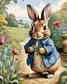 a painting of a rabbit in a blue shirt and jeans standing on a dirt road