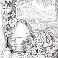 a drawing of grapes and wine barrel in front of a vineyard with mountains in the background