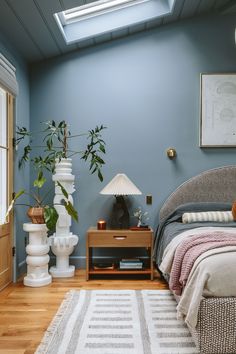 Our Primary Bedroom Reveal! She's Blue (Shocking), Calm, And Ready For A Full Show And Tell - Emily Henderson Fall Sealing, Plants Interior, Blue Bedroom Walls, Blue Wall Colors, Linen Bed Cover, Paint Trends, Light Blue Walls, Bedroom Reveal, Bedroom Wall Colors