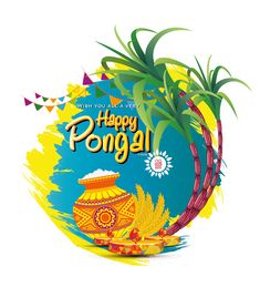 a happy pongal greeting card with an image of a pot and palm tree