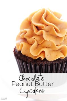 chocolate peanut butter cupcakes on a white plate with the words chocolate peanut butter cupcakes