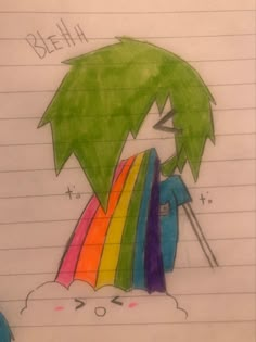 a drawing of a person with a rainbow umbrella and the words bleah on it