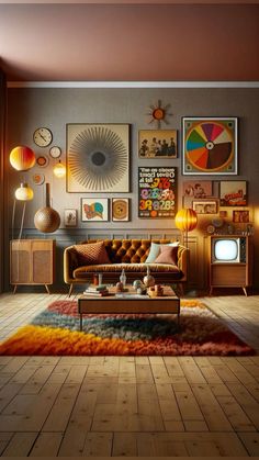 a living room filled with furniture and pictures on the wall