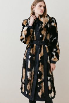 Panelled Mixed Faux Fur Pu Belted Long Coat | Karen Millen Belted Coat, Fall Coat, Karen Millen, An Animal, Faux Fur Coat, Fashion Face, Long Coat, Long Length, Fur Coat