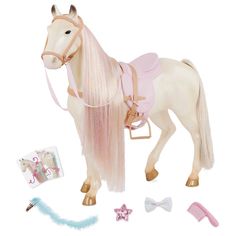 a toy horse with pink manes and accessories