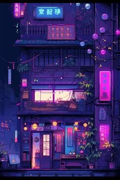 an illustration of a building with neon lights in the windows and plants growing out of it