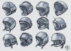 a bunch of helmets that are drawn in pencil