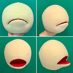 four different views of a doll's head with red stitches on it, including the eyes and mouth