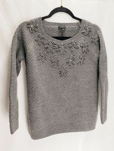 Talbots Women's Grey Long Sleeve Sweater w Faux Jewels Size 1Xp. Fitted Gray Winter Sweater, Gray Embroidered Winter Tops, Knitted Gray V-neck Sweater For Winter, Soft-washed Gray Winter Tops, Women’s Silver Sweaters, Grey Long Sleeve, Long Sleeve Sweater, Grey, Long Sleeve