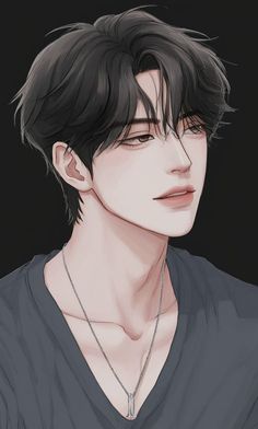 an anime character with black hair wearing a gray shirt and a necklace on his neck