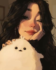 a woman holding a white dog in her arms