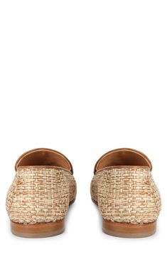 Woven raffia and a beaded tassel relax the smart, streamlined profile of a loafer styled with a soft leather interior and an almond-shaped apron toe. Synthetic upper/leather lining and sole Made in Portugal Elegant Summer Tassel Loafers Slip-on, Luxury Woven Leather Slip-on Loafers, Elegant Slip-on Moccasins With Woven Sole, Casual Woven Leather Loafers With Round Toe, Summer Business Loafers With Textured Sole, Brown Flat Tassel Loafers With Leather Sole, Brown Tassel Loafers With Leather Sole, Elegant Slip-on Loafers With Woven Sole, Elegant Beige Loafers For Summer