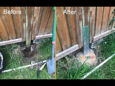 before and after pictures of a fence being repaired with garden tools in the grass next to it