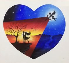 a heart shaped painting with an image of two people in the sky and a tree