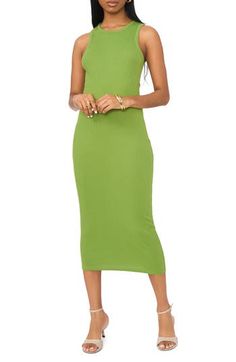 Sleek and summery, this curve-skimming cotton rib dress adds extra sass with a cute cutout at the back. 51" length (size Medium) Slips on over head Unlined Crewneck Sleeveless 100% cotton Machine wash, tumble dry Imported Chic Ribbed Bodycon Summer Dress, Ribbed Bodycon Dress With Scoop Neck, Summer Ribbed Midi Dress, Chic Ribbed Bodycon Dress With Scoop Neck, Day Out Fitted Ribbed Bodycon Dress, Casual Solid Color Midi Bodycon Dress, Casual Midi-length Bodycon Dress, Summer Ribbed Knee-length Dress, Solid Color Midi Bodycon Dress For Summer