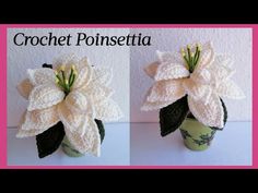 two crocheted poinsettia flowers are shown in the same vase as each other