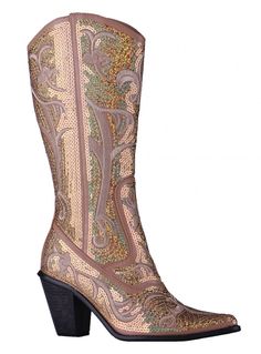 We are dressing up the country cowgirl look with a sassy layer of sequin on a classic gold color. It's a bold move, but these Helen's Heart boots are a complete fashion statement. Let the inner Rodeo Queen shine with these gold blingy boots!!! *Boots are available in whole sizes only (5-11). *Helen's Heart sequin boots tend to run a little bigger. If you're a half size then you'll want to go down to the next whole size. For example, if you're typically a size 8.5, then you'll want to go with a s Sequin Dress With Boots, Sequin Cowboy Boots, Wedding Dress Boots, Womens Brown Cowboy Boots, Country Music Outfit, Heart Boots, Cowgirl Boots Wedding, Cowboy Boot Outfits, Custom Cowboy Boots