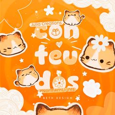 an orange poster with cats and clouds in the background that says, julia creations on fews