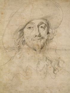 a drawing of a man with long hair and a hat on top of his head