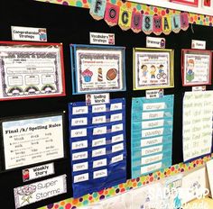 a bulletin board with some writing on it and pictures hanging from the wall behind it