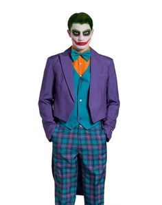 Dress like the chilling Joker in this classic suit! This classic suit includes a purple tailcoat, plaid dress pants, a teal vest with purple buttons, and a teal tie. You'll feel just like the supervillain in this authentic costume. Officially licensed Includes: Jacket Pants Vest Tie Button closure Material: Polyester Care: Machine wash cold Imported Note: Shirt sold separately Fitted Suit For Fall Costume Party, Fitted Suit For Costume Party In Fall, Purple Long Sleeve Costume For Costume Party, Purple Fitted Outerwear For Costume Party, Fitted Purple Costume, Purple Tailcoat, Tailcoat Suit, Teal Vest, Authentic Costumes