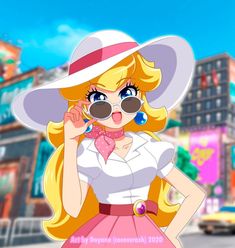 a cartoon girl in a pink dress and hat talking on her cell phone while standing next to a city street