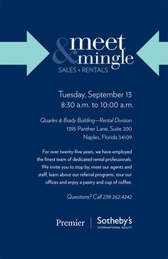 an event flyer with two arrows pointing in opposite directions and the words meet and mingle