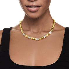 Ross-Simons - C. 1980 Vintage 2.20ct t. w. Diamond XO-Link Necklace. 16.5". C. 1980. Radiating romantic charm and timeless luxury, this Estate collection necklace is surely a special find. Features gleaming XO links of 14kt yellow gold beautifully contrasted by the icy sparkle of 2.20 ct. t. w. round brilliant-cut diamond stations set in 14kt white gold. Figure 8 safety. Box clasp, diamond XO-link necklace. Exclusive, one-of-a-kind Estate Jewelry. Diamond birthstones are the perfect gift for April birthdays. Anniversary Chain Necklace With 17 Jewels, Classic Hallmarked Chain Necklace For Anniversary, Hallmarked Chain Necklace For Anniversary, Classic Tennis Necklace With Pave Setting For Anniversary, Classic Chain Necklace With Diamond Accents For Anniversary, Safety Box, April Birthday, Diamond Birthstone, Timeless Luxury