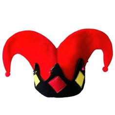 a red and black clown's hat is shown