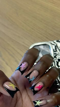 First Day Nails, Fye Nails Acrylic, Star Duck Nails, Short Nails Acrylic Design 2024, Nail Designs With Stickers, Dope Nails Square, Colorful Star Nails, Nails With Stars Design, Back 2 School Nails