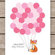 a card with a fox holding pink balloons