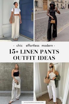 Looking for classy and modern linen pants outfit ideas for women? This list has linen pants outfits for spring, summer, fall, and even winter - both casual and dressy for work. Whether you want to style linen pants for the beach on vacation or for the office, you’ll love these aesthetic outfits and learn how to wear linen pants for every occasion. Neutral Linen Pants Outfit, Oatmeal Linen Pants Outfit, How To Style Linen Pants Casual, How To Wear Linen Pants, Pants Outfit Ideas For Women, Linen Pants Outfit Ideas, Linen Pants Work, Flared Linen Pants