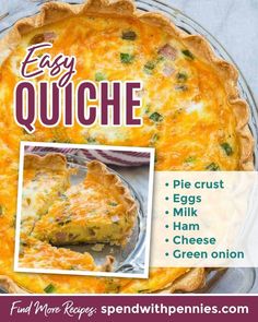 an easy quiche recipe in a pie pan with the title overlaying it