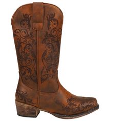 Roper's Tall Stuff boot has a vintage cognac faux leather upper with laser western design. This shoe also has a flexible vintage TPR outsole and padded comfort insole, with single welt snip toe. $69.99 Cowboy Casual, Knee High Boots Flat, Womens Work Boots, Insole Design, Western Design, Cute Boots, Comfortable Boots, Womens Knee High Boots, Boots Knee