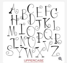 an uppercase alphabet with swirly font and lowercase letters in black on a white background