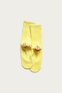 Kapital - 56 Yarns 3x1 Rib RAINBOWY HAPPY HEEL Socks - Yellow - Canoe Club Heel Socks, Spring Yellow, Soft Spring, Socks And Heels, Smiley Face, One Size Fits All, Smiley, Open Back, Socks