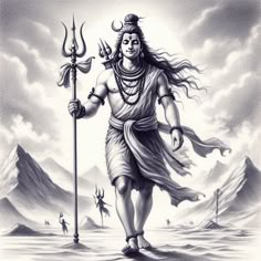 a drawing of the hindu god with his arms outstretched and two hands extended, holding a staff