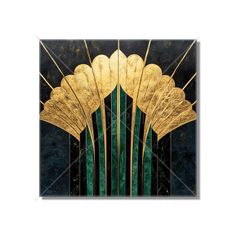 an art deco painting with gold and green accents