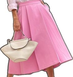 Elegant Pink Solid Color Skirt, Elegant Pink Solid Skirt, Feminine A-line Pleated Skirt, Spring A-line Solid Pleated Skirt, Spring A-line Pleated Skirt, Spring A-line Pleated Skirt In Solid Color, Spring Solid Color Midi Bottoms, Spring Midi Skirt With Pockets, Chic Pink Full Pleated Skirt