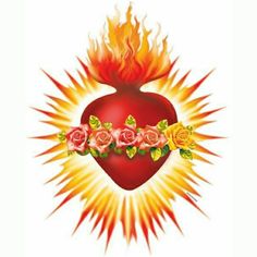 a heart with roses on it surrounded by flames