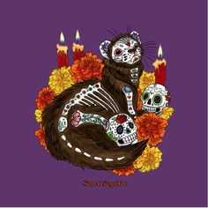 a drawing of a cat with skulls and flowers on it's back, surrounded by candles