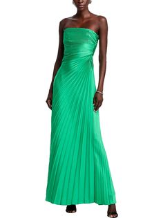 Find A.L.C. Bianca Strapless Pleated Gown on Editorialist. The A.l.c. Bianca Strapless Pleated Gown is a strapless gown with a pleated skirt and a fitted bodice. It is made from polyester and elastane and is available in a forest green color. The dress has a floor-length skirt and is designed to be worn for a variety of events. Bianca Dress, Pleated Gown, Strapless Neckline, Prom Designs, Floor Length Skirt, Ruched Bodice